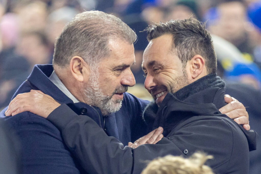Ange Postecoglou on the touchline during Brighton and Hove Albion v Tottenham Hotspur