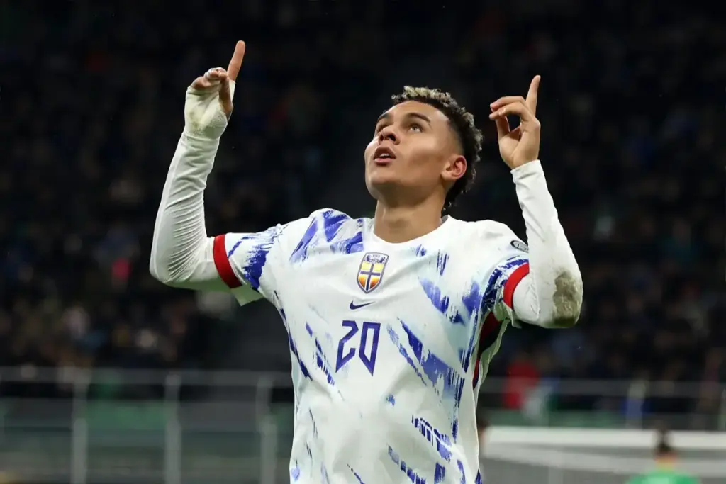 Antonio Nusa celebrates while playing for Norway