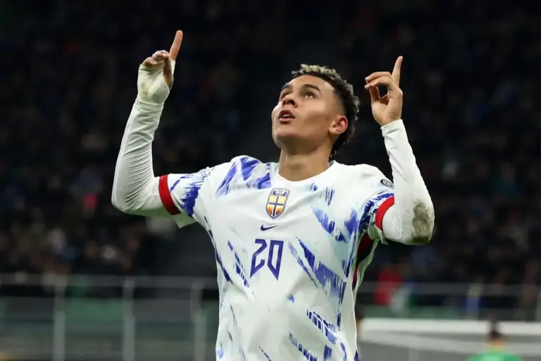 Antonio Nusa celebrates while playing for Norway