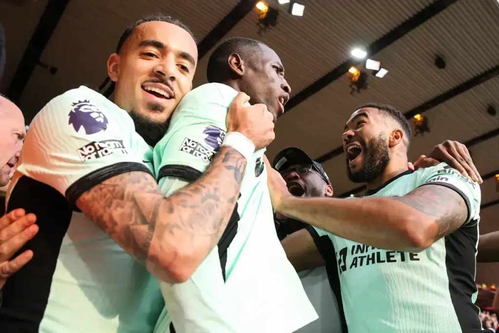 Nicolas Jackson celebrates a goal with Chelsea teammates